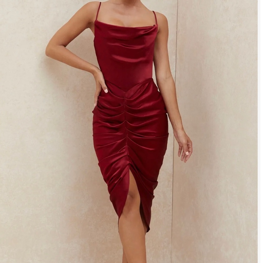 HOUSE OF CB 'Nera' Wine Satin Draped Corset Dress/Size S US 4-6